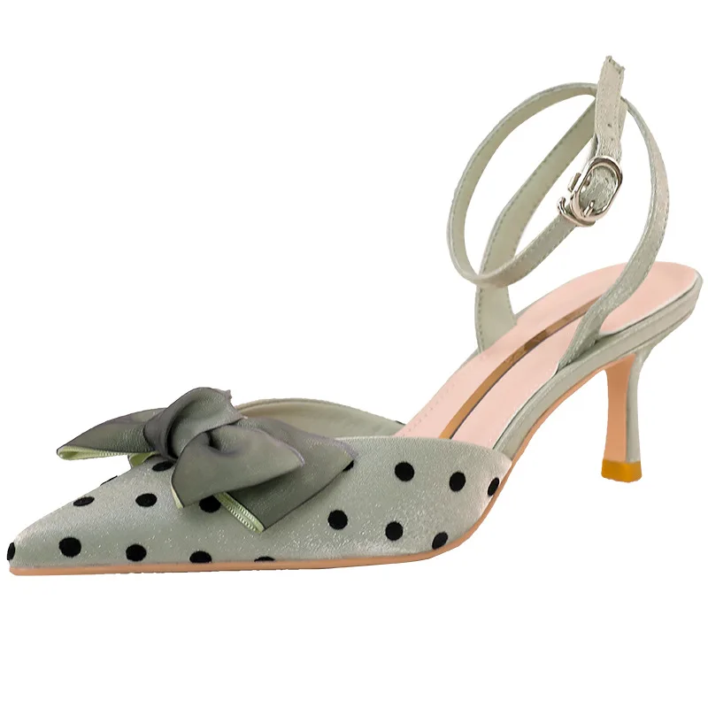 

Baotou Sandals with Fine Heels and High Heels in One Word: Female Wave Bow Pointed Fairy Temperament