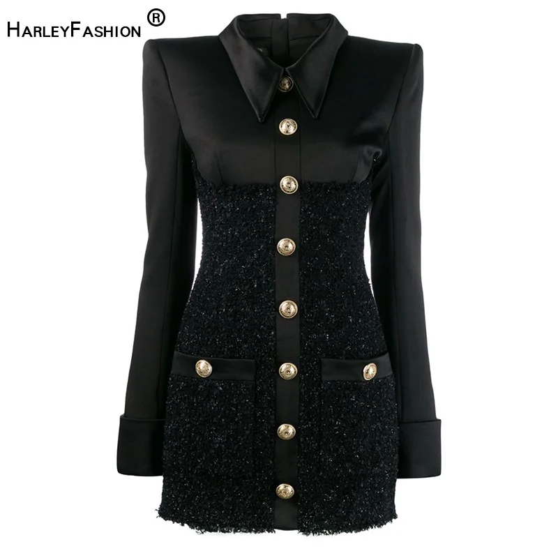 HarleyFashion элегантное женское мини прямое однотонное Повседневное платье с отложным воротником на пуговицах тонкое твидовое лоскутное качественное платье