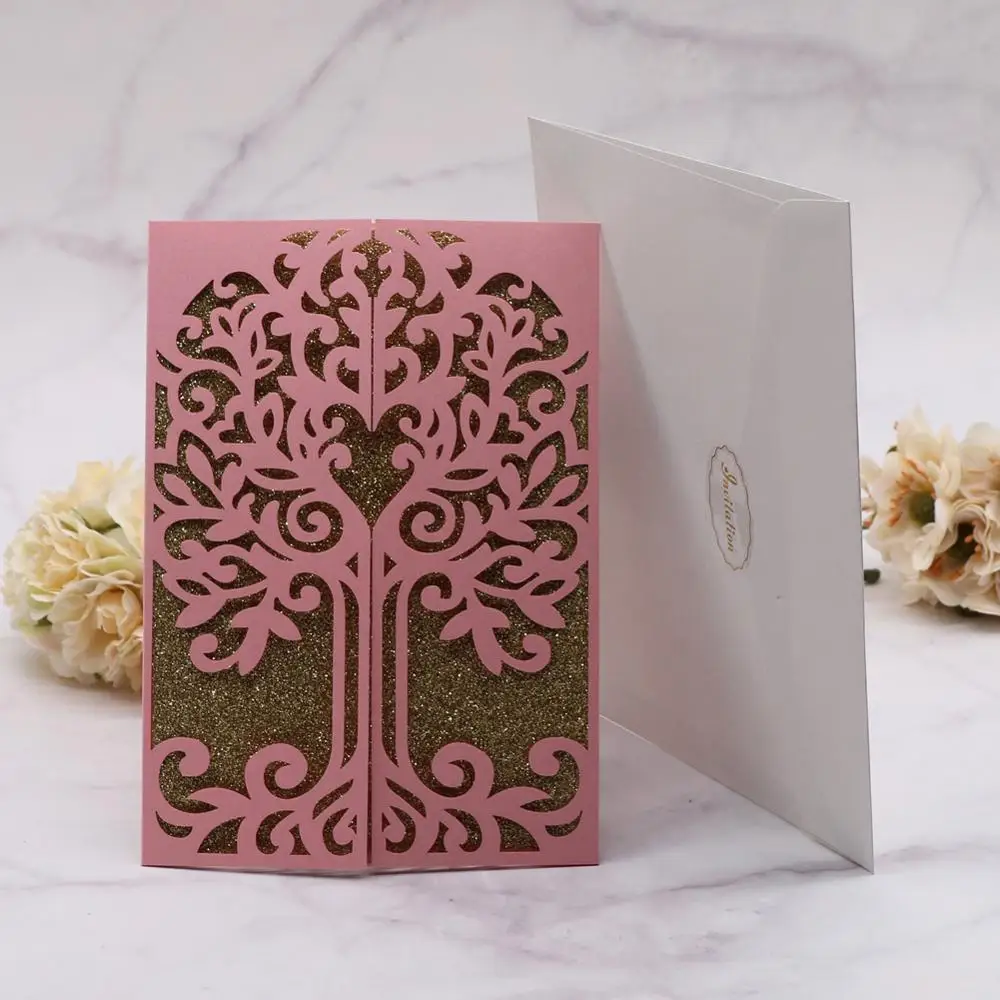 

25pcs/lot Laser Cut Tree Invitation Card Pearl Paper Party Event Supplies Decoration Luxury Romantic Wedding Invitation Card
