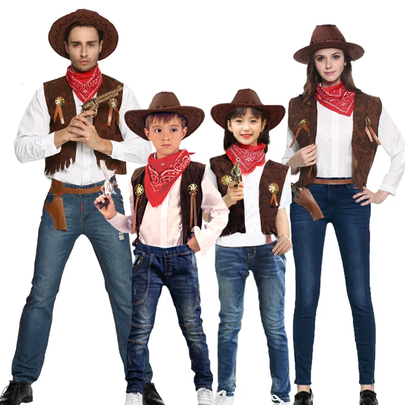 Kinder Erwachsene Cowboy Cosplay Kostüme Halloween-Party Maskerade Junge Frau Wild West Phantasie Cowgirl Weste Kappe Schal Outfits