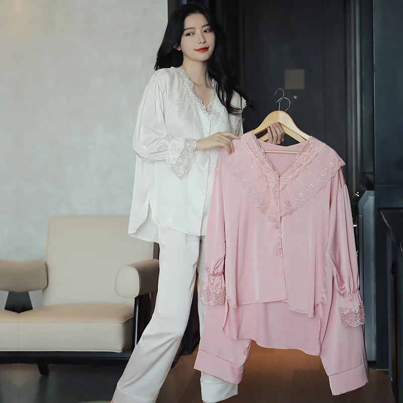 

New Spring Autumn Women Pajamas Set 2PCS Sleepwear Suit Palace Style White Silk Satin Nightwear Pyjama Pour Femme Loose Homewear