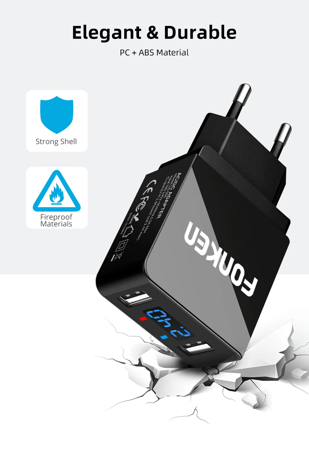 Светодиодный дисплей FONKEN, двойное зарядное устройство USB, макс. A, зарядка для телефона, умная быстрая зарядка, 2 порта, настенное зарядное устройство для мобильного телефона, адаптер