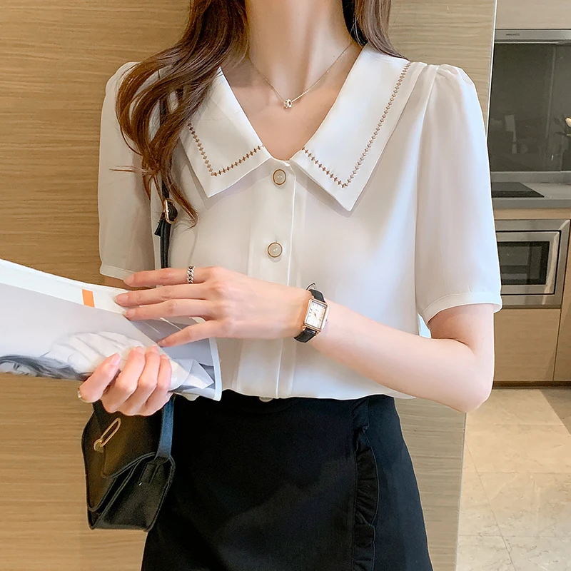 

Doll collar chiffon blouse shirts women's summer wear 2021 new chic top design feeling small crowd fashion