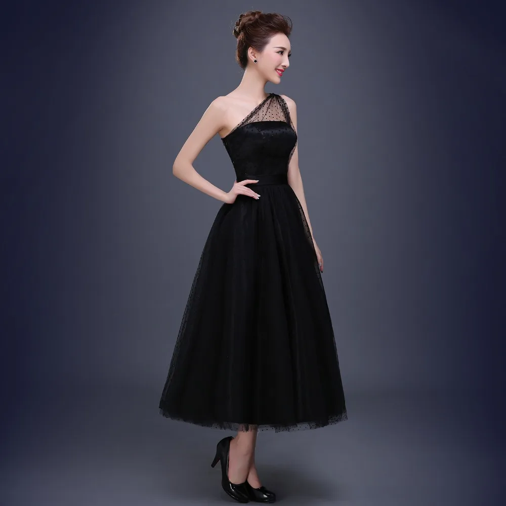 New Black Prom Dresses 2020 One Shoulder Pleats Polka Dot Tulle Tea Length Party Evening Gowns Vestido De Festa | Свадьбы и