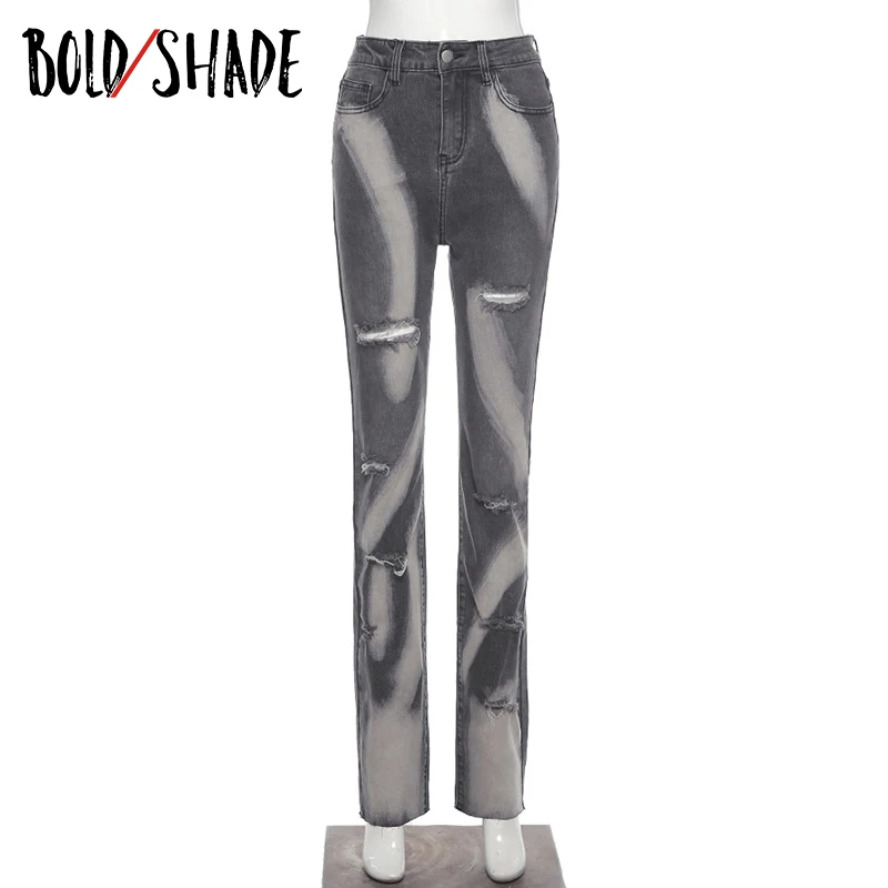 

Bold Shade Urban Style Grunge 90s Jeans High Waist Ripped Distressed Denim Fashino Pants Women Streetwear Grey Skater Jeans New