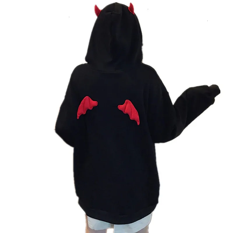 

Hoodies Girl Little Devil Horns Gothic Hooded Sweatshirts Women Demon Fly Wings Loose Pullovers Pocket Tops Streetwear