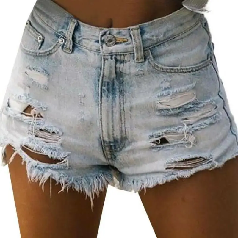 

Women Summer High Waist Pants Solid Color Denim Shorts Ladies Casual Ripped Jeans