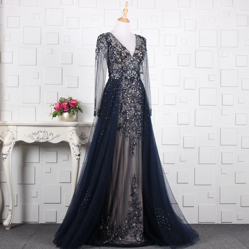navy blue Вечерние платья с длинными рукавами, темно-синие прозрачные платья с открытой спиной, тюлевые вечерние платья для выпускного вечера в Дубае, кружевное платье с аппликацией, zd2011 - Color: navy blue