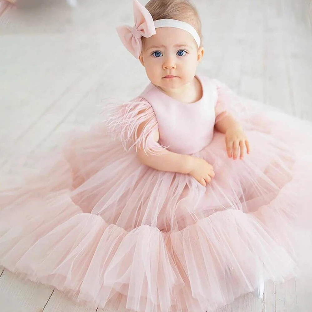 

Pink Tulle Flower Girl Dresses 2022 New Baby Feather Puff Party Prom Gowns Child O-Neck Zipper Birthday Dress платье для девочки