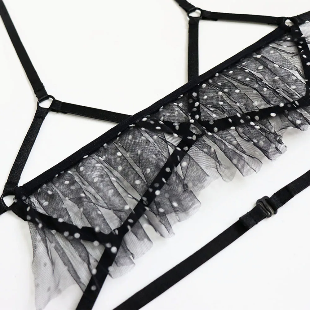 

New Style Women's Erotic Porno Lingerie Sexy Flocking Net Yarn Condole belt Suit Perspective Halter Wave Point