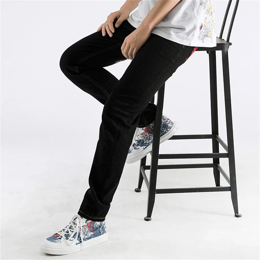 EH·MD® New Double Lion Embroidered Jeans Men's Chinese Retro Small Straight Loose Fashion Large Size Black Trousers Golden Silk