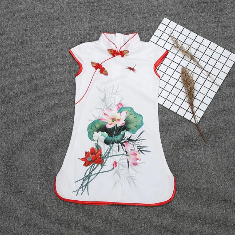 

Faux Silk dress Clothes New Year gift Party Chinese Kid Child Girl Location flower Cheongsam Dress girls pink Qipao modern