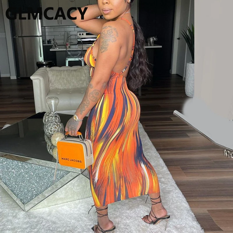 

Spaghetti Strap Abstract Slim Dress Chic Party Club Maxi Dresses