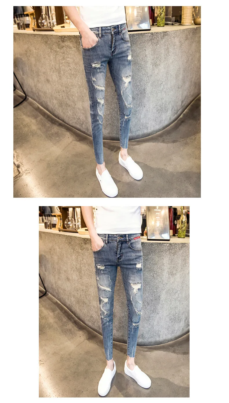 NEW spring autumn skinny strech Casual ripped hole fashion black teenagers hip hop cowboy denim leg jeans men pencil pants