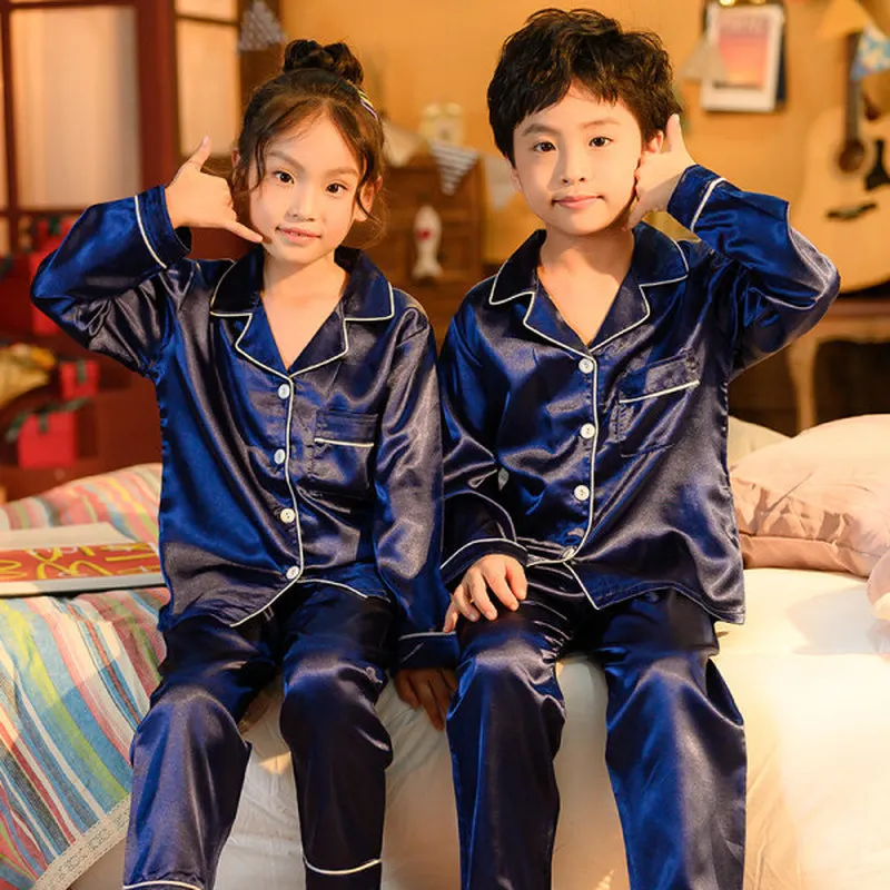 

Spring Baby Boy Girls Silk Satin Pajamas Set Long Sleeve Solid Button-Down Pyjamas Satin Set Child Printed Sleepwear Nightwear