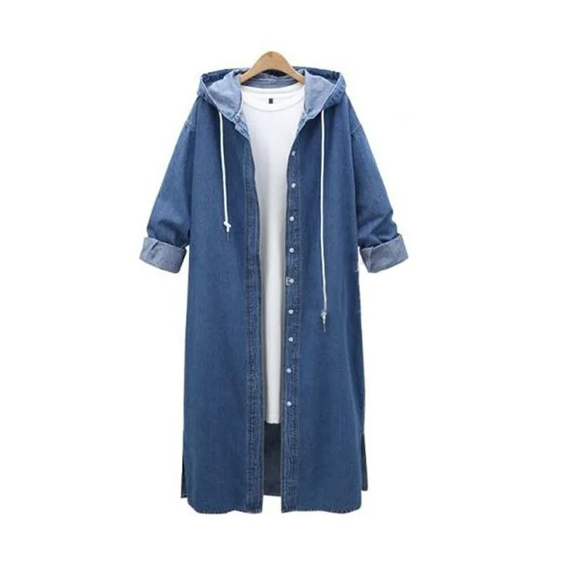 

Women's Korean style long trench coat 2020 autumn and winter new loose large size hooded denim jacket long trench coat long coat