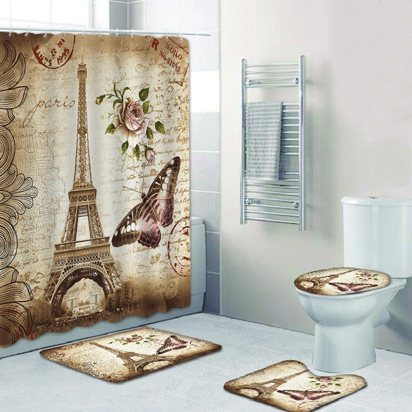 С Парижем в стиле ретро 3D печать 4 шт Ванна занавески s набор с Бесплатные Крючки