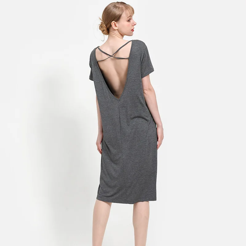 Modal Nightdress Women's Summer Lovely Short Sleeve Thin Summer Loose Simple Sexy Open Back Can Wear A Beautiful Back Nightdress