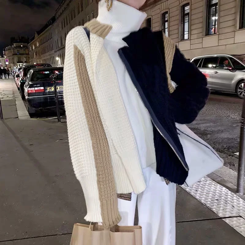 Женский трехцветный кардиган на молнии свитер осень 2020| |