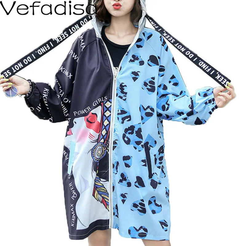 Vefadisa Autumn Woman Cartoon Printed Spliced Coat Loose Zipper Hooded Collar Full Sleeve Wide-waisted 2019 QYF199 | Женская одежда