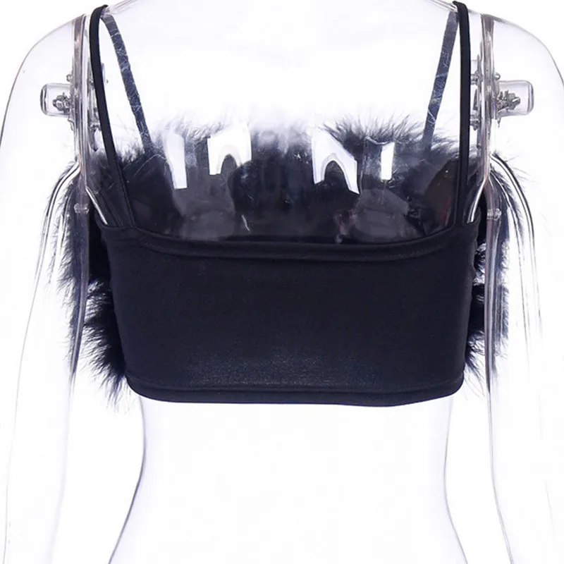 

Sexy Party Crop Tops Women Spaghetti Strap Top Women Cute Casual Sleeveless Camis Tops Tees Patchwork Fur Crop Top