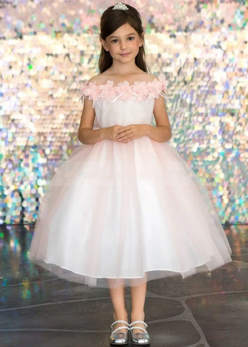 

Fluffy Tulle 3D Flowers Girl Dress Lace Satin Children Wedding Wear Kid Princess Birthday Pageant Gown Longo