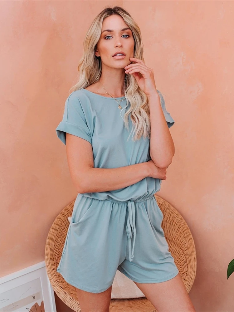 

Summer Playsuit Women Fashion 2021 O Neck Short Sleeve Romper Jumpsuit Shorts Plus Size Clothing Casual Ladies Combinaison Femme