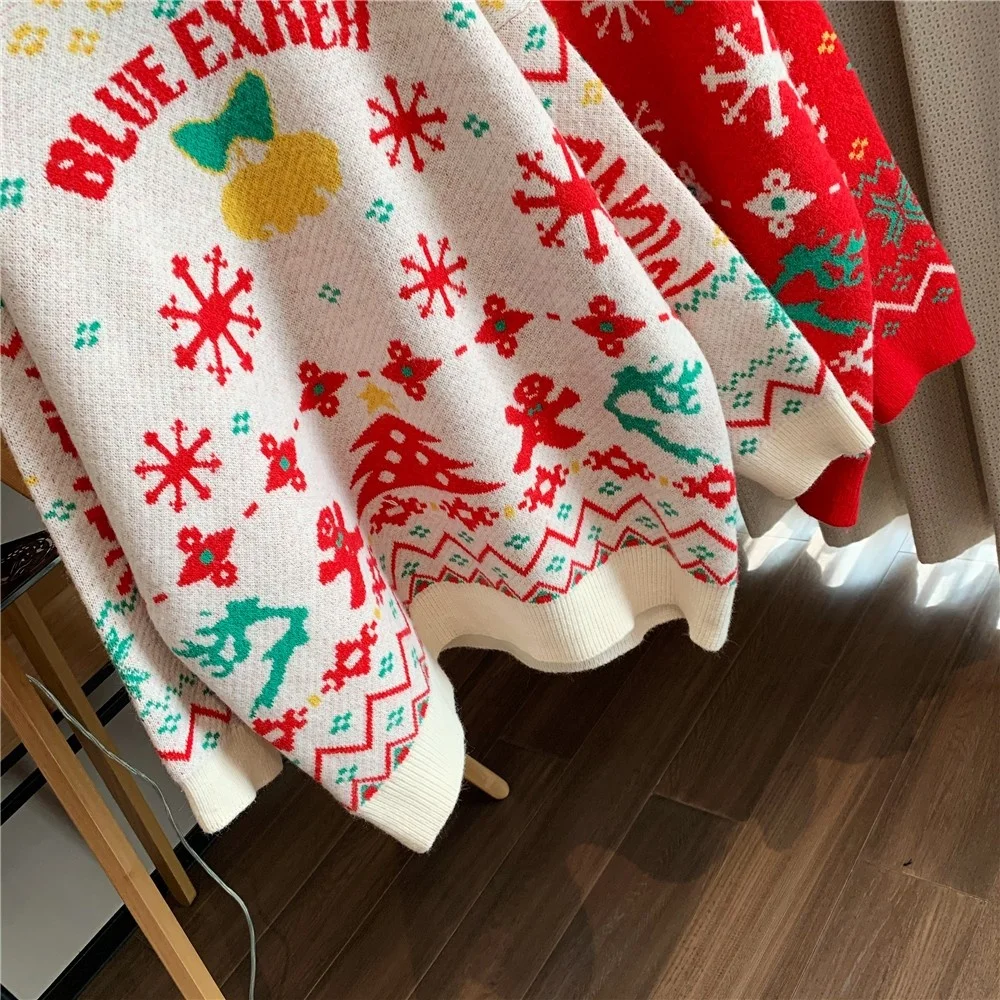 

Juice Snow 2020 Autumn And Winter New Christmas Bells Snowflake Decoration Back Santa Pattern Wild Casual Loose Sweater Women