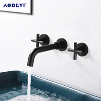 Matte Black Brass Double Handle Wall Mounted Bathroom Faucets Sink Faucet Hot Cold Water Taps Basin Mixer Brushed Gold Tap Set