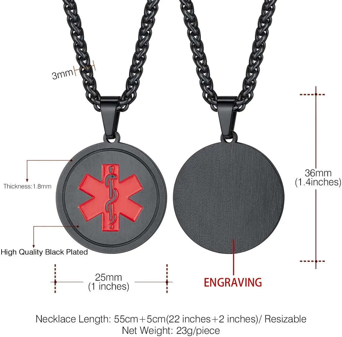 U7 Personalized Message Engraved EMC Tag with Medical Card Medal Medical Alert ID Tag Round Medal Necklace