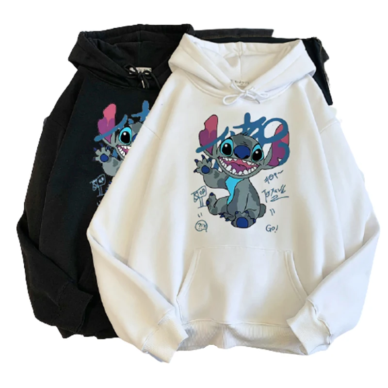 Disney Stitch Hoodies Women Harajuku Pullover Cute Kawaii Casual Top O-Neck Angel Print Hooded Sweatshirt Long Sleeve