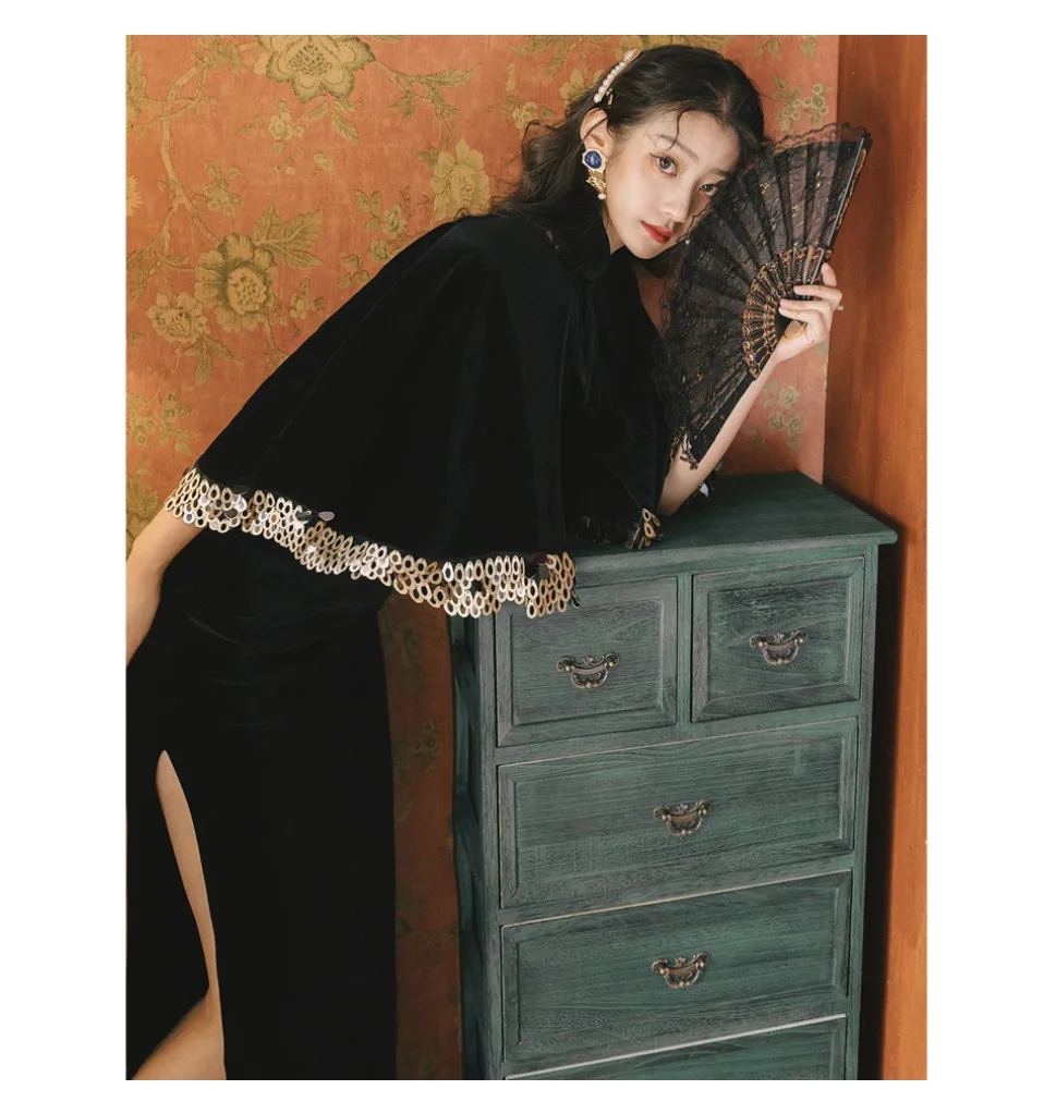 Осенний cheongsam костюм из двух частей китайское банкетное Платье женское длинное элегантное платье+ накидка пальто осенние и зимние винтажные комплекты