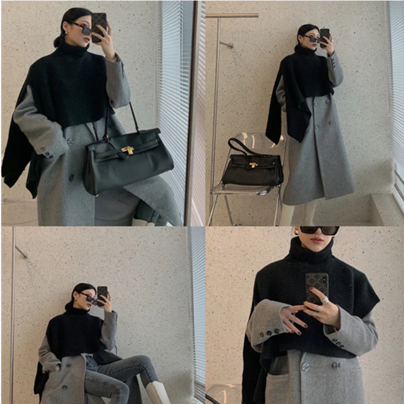 

Women Sweater Turtleneck Neck Loose Minimalist Solid All-match Long Sleeve Tops Asymmetrical Pullover Knitting Cloak Scarf C071