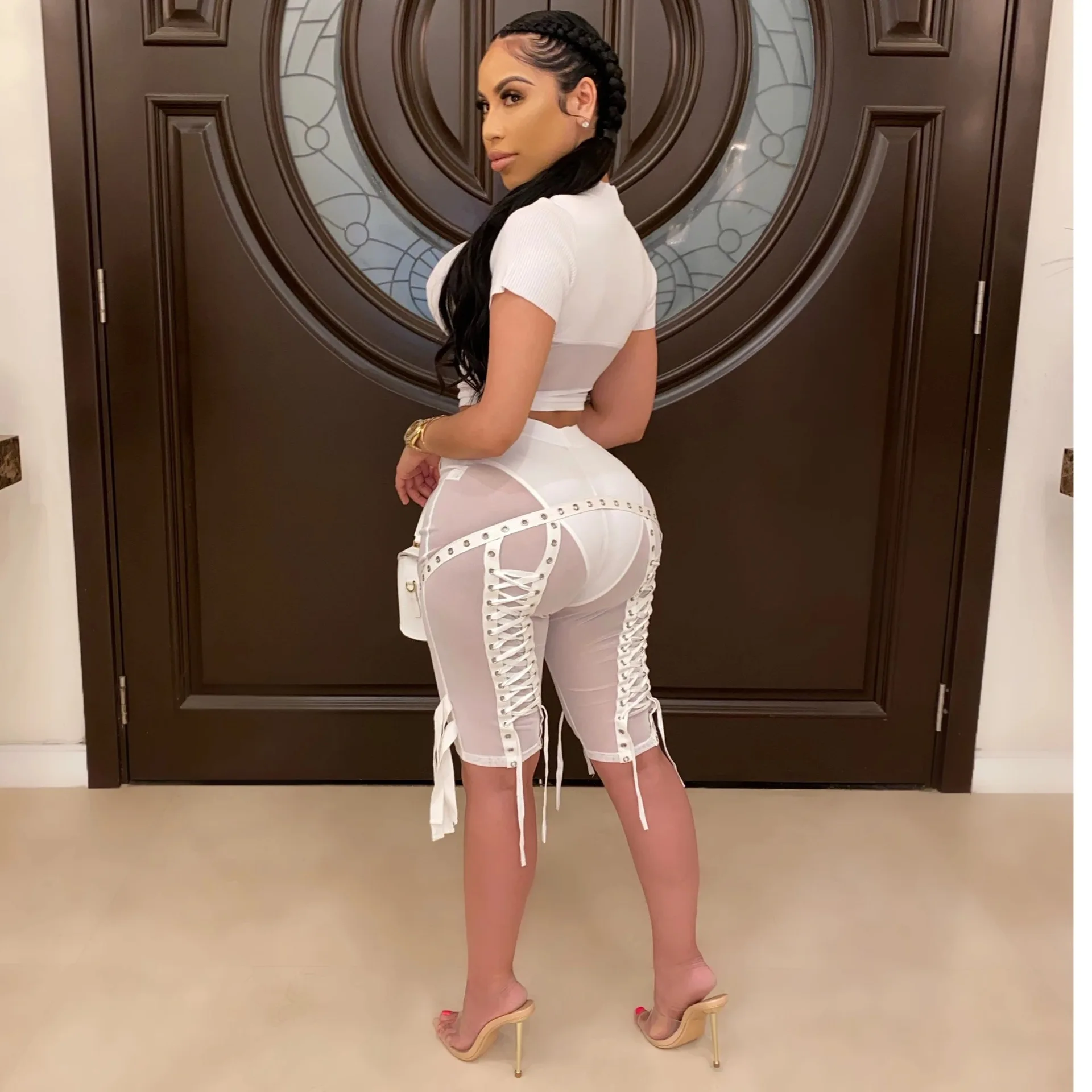 

Wholesale New Product Women Mesh See Though Drawstring Sexy Club Party Night Bodycon Knee Length Stacked Joggers Hip Hop Pants