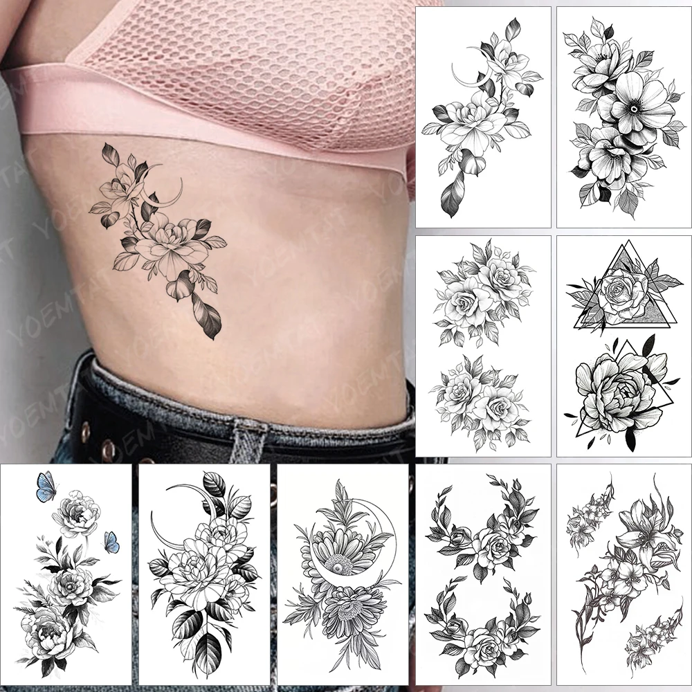 

Waterproof Temporary Tattoo Sticker Black Waist Flowers Rose Sexy Butterfly Moon Flash Tatoo Fake Tatto For Body Art Women Men