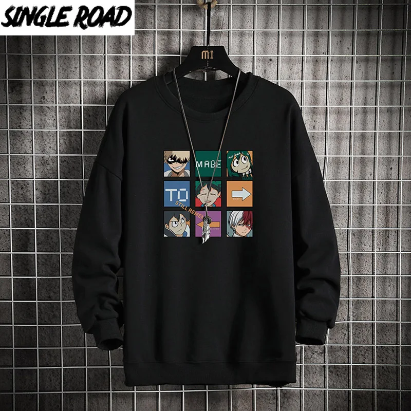 

Single Road Crewneck Sweatshirts Men 2022 Anime Graphic Sweatshirts Male Oversized Harajuku Japanese Streetwear Black Hoodie Men