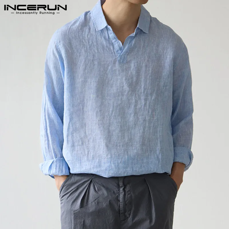 

2021 Spring Man Korean Style Comfy Camisa INCERUN Vintage Long Sleeve Lapel Neck Men Shirts Casual Solid Color Loose Blouse 5XL