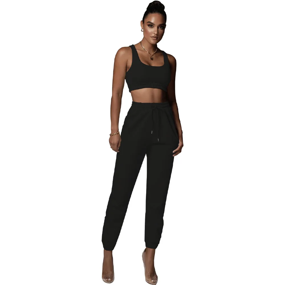 

Casual Women Two Piece Set Solid Color Sleeveless Tank Crop And Drawstring Pencil Pants Fitness Sporty 2021 Summer Clothes