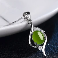natural green chalcedony oval jade pendant 925 silver necklace chinese carved charm jewelry fashion amulet for women lucky gifts