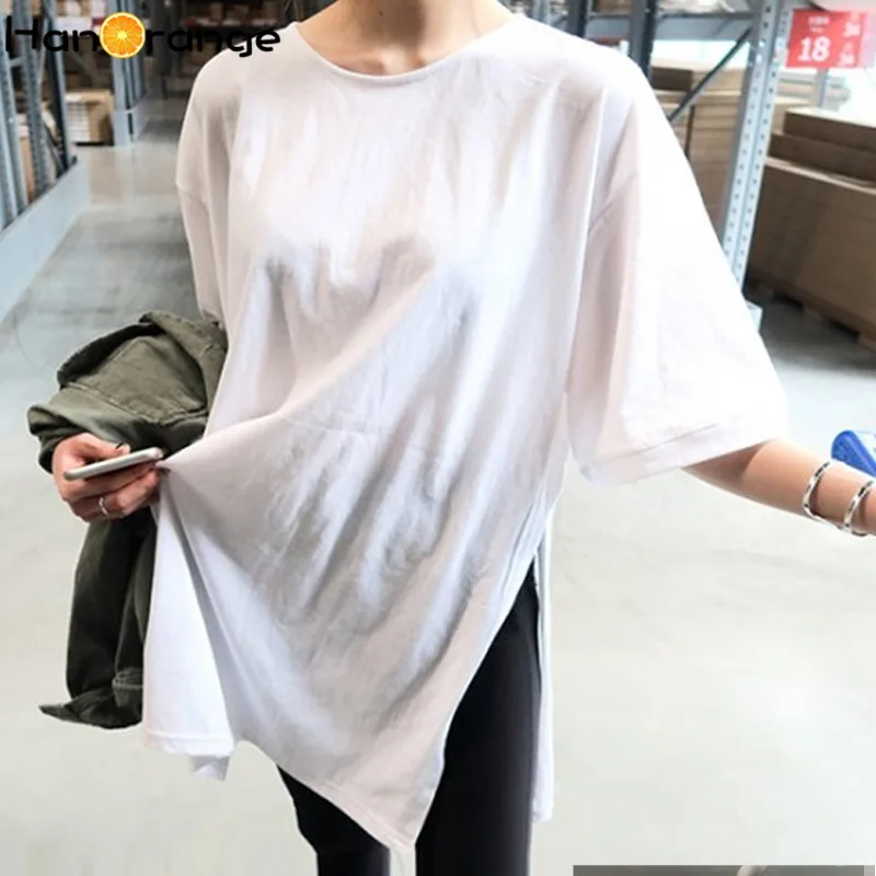 Хлопковая летняя футболка с разрезом Свободный Топ Длинная женская белого цвета
