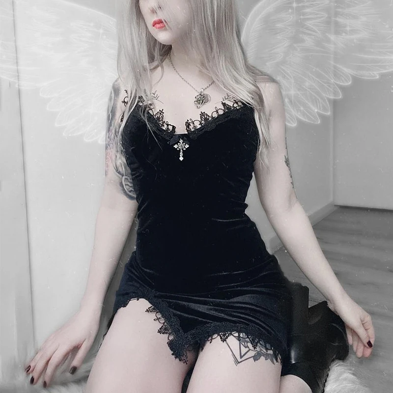

E-girl Cross Lace Trim Black Mini Dress 90s Vintage Spaghetti Strap High Waist Slit Dresses Gothic Grunge Sexy Women Streetwear