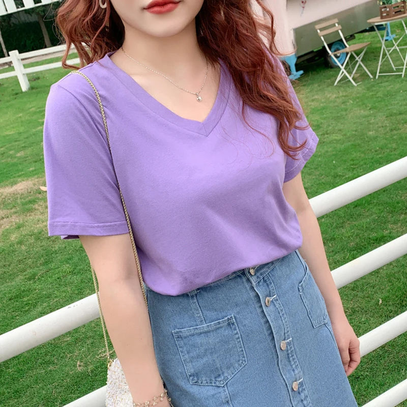 Летняя Базовая Хлопковая женская футболка с коротким рукавом Топ футболки L-5XL