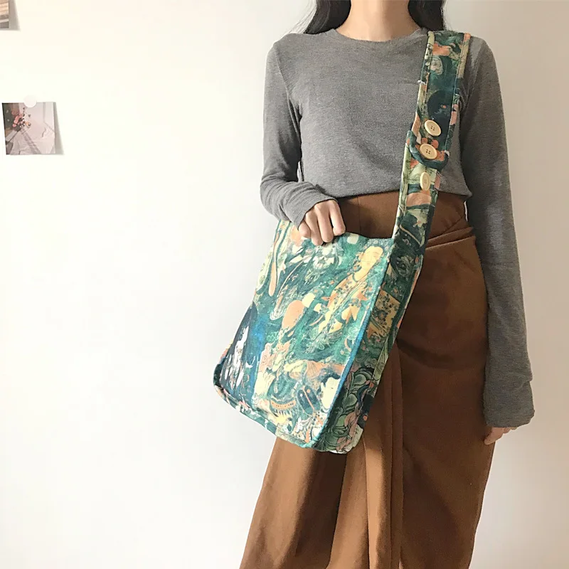 

2021 оригинальная новая женская сумка через плечо с принтом и пуговицами, регулируемая Холщовая Сумка в стиле Харадзюку, школьные сумки, Повс...