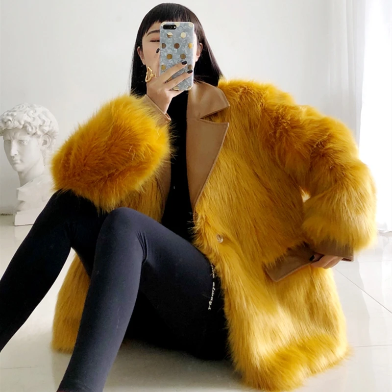 Fur V-Neck Fashon Coat Women Fluffy Warm Long Sleeve Female Outerwear Autumn Winter Jacket Collarless Overcoat | Женская одежда