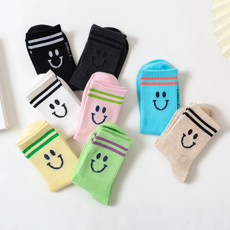 

Cotton Smiley Face Socks Women Multicolor Socks with Design Parallel Bars Kawaii Korean Fashion Trend Cute Girl Lolita Socks