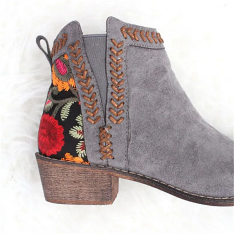 

Oeak Ladies Fashion Pumps Boots embroidery Stitching Shoes Female Casual shoes pu Square heel Drop shippping