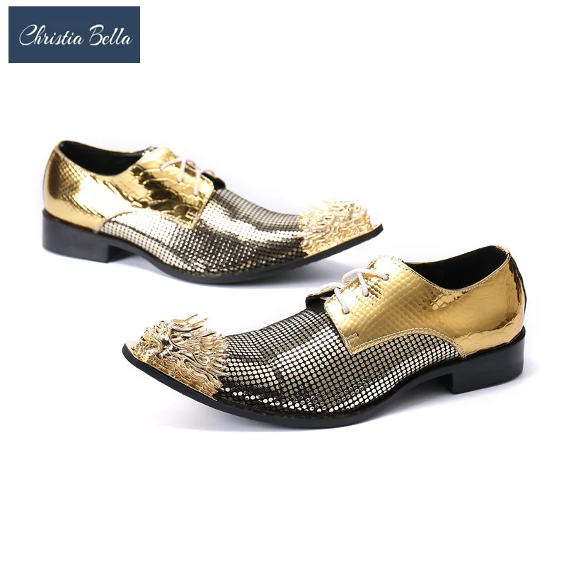 

Christia Bella Luxury Gold Genuine Leather Men Oxford Shoes Wedding Party Celebration Lace Up Dress Shoes Formal Brogue Shoes