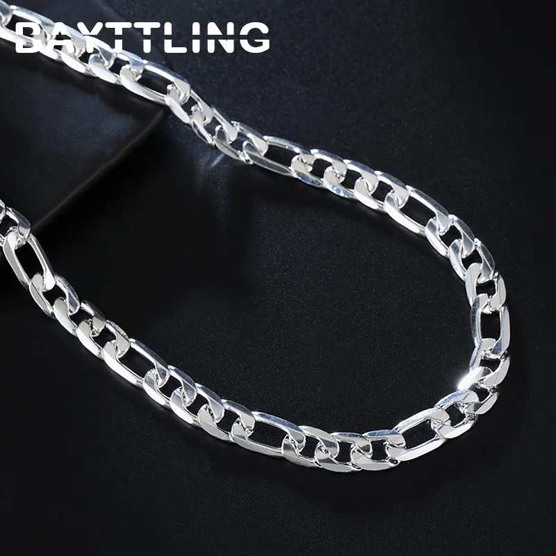 

BAYTTLING 20 Inch 925 Sterling Silver Silver 8MM Full Sideways Figaro Chain Necklace For Woman Man Fashion Wedding Gift Jewelry