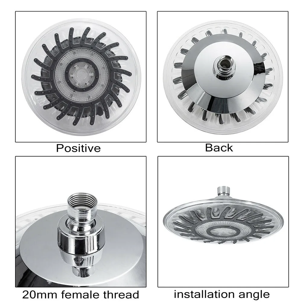 

Modern LED Shower Head Elegant Hotel 8inch Round Electroplating Auto Changing 3 Colors Sprayer Temperature Controlled Bathroom