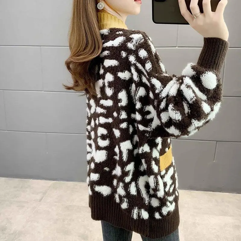 Sllsky желтый вязаный кардиган с леопардовым принтом в Корейском стиле женские